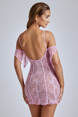 Eleonora-Sheer Lace A-Line Mini Dress in Baby Pink