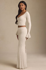 Vanda-Draped Low-Rise Lace Maxi Skirt in Ivory