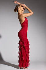 Anley-Embellished Halter Neck Ruffle Maxi Dress in Red