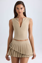 Nada-Layered Pleated Low-Rise Mini Skirt in Camel