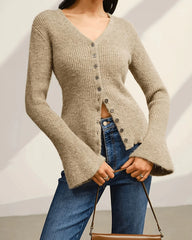 Khaki V Neck Button Knit Cardigan