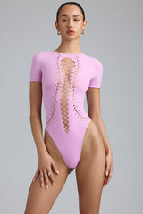 Raine-Lace-Up Bodysuit in Violet Pink