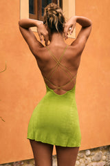 Tesni-Strap-Detail Halterneck Mini Dress in Pear Green