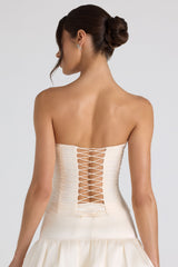 Melvina-Ruched Lace-Up Strapless Corset Top in Ivory