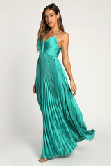 Dreaming in Color Green V-Neck Pleated Satin Maxi Dress
