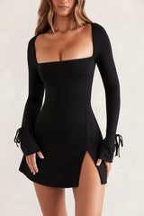 Baize-Square Neck Long Sleeve Mini Dress in Black