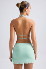 Larisa-Cut-Out Ruched Halterneck Crop Top in Pastel Green