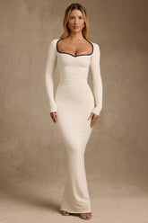 Ginette-Modal Contrast-Trim Maxi Dress in Ivory