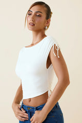 Kaede-Asymmetric Ruched Cowl-Back Crop Top in Vanilla