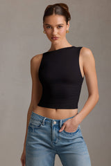 Kirbie-Asymmetric Ruched Tank Top in Black