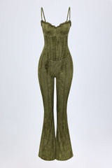 Carmen-Lace-Up Ruffled Flared Jumpsuit in Green Print
