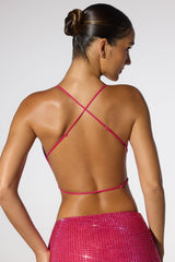 Rocco-Embellished Cowl Neck Open Back Crop Top in Hot Pink