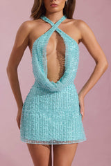 Sylune-Embellished Cowl-Neck Backless Mini Dress in Aqua Blue
