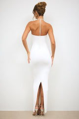 Vasara-Slinky Jersey Rose Detail Halter Neck Maxi Dress in White