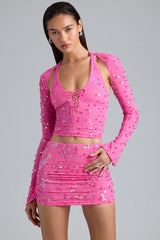 Liana-Embellished Cut-Out Halterneck Top in Bubblegum Pink