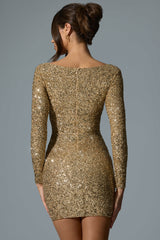 Sephina-Embellished Sweetheart-Neck Mini Dress in Gold