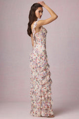 Hera-Asymmetric Ruffled Lace-Up Gown in Primrose Floral Print