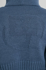 Cropped Zip Up Chunky Knit Hoodie in Washed Navy