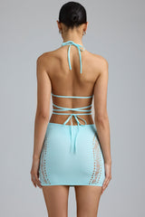 Joni-Embellished Mid-Rise Mini Skirt in Ice Blue