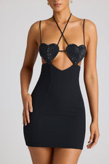 Lavinie-Embellished Heart Cup Detail Mini Dress in Black
