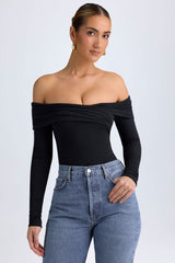 Ceyln-Modal Off-Shoulder Ruched Bodysuit in Black