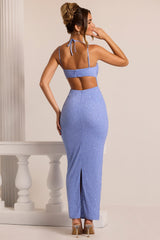 Monte Carlo-Embellished Cowl Neck Maxi Dress in Powder Blue