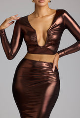 Zahra-Mid Rise Metallic Jersey Gown Skirt in Copper Bronze