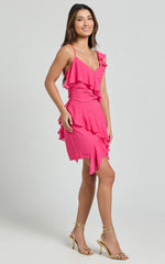 Zaria Mini Dress - Asymmetric Frill Detail Mini Dress in Hot Pink