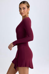 Dona-Modal Asymmetric A-Line Mini Dress in Wine Red