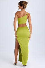 Ishaana-Ruched Asymmetric-Waist Maxi Skirt in Pear Green