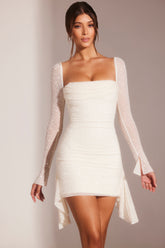 Ferrara-Long Sleeve Embellished Cowl Neck Mini Dress in White