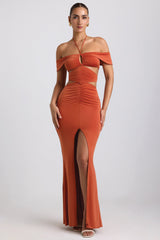 Karleen-Slinky Jersey Cut-Out Halterneck Gown in Burnt Orange