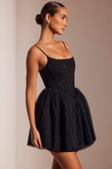 Eugenie-Embellished Corset Tulle Skirt Mini Dress in Black