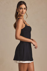 Cressida-Bow-Detail Pleated A-Line Mini Dress in Black