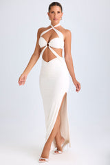 Kalyani-Cut-Out Ruched Halterneck Maxi Dress in White