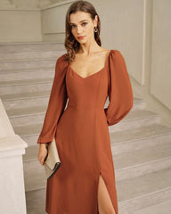 Red Puffed Sleeve Slit Midi Dress