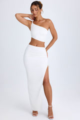 Ishaana-Ruched Asymmetric-Waist Maxi Skirt in White