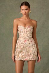 Dahlia-Embellished Strapless A-Line Mini Dress in Floral Beige