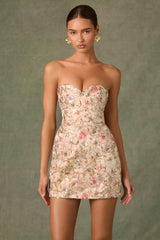 Dahlia-Embellished Strapless A-Line Mini Dress in Floral Beige