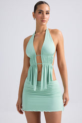 Larisa-Cut-Out Ruched Halterneck Crop Top in Pastel Green