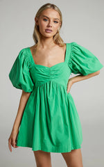 Vashti Mini Dress - Puff Sleeve Sweetheart Dress in Green