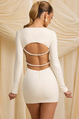 Akari-Pearl-Detail Cut-Out Mini Dress in Ivory