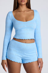 Loungewear-Long Sleeve Scoop Neck Pointelle Crop Top in Baby Blue