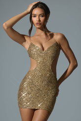 Sayzel-Embellished Cut-Out Mini Dress in Gold