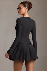 Fiorella-Long-Sleeve Pleated Mini Dress in Black