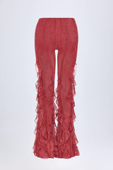 Felicity-Ruffled Mid-Rise Flared Trousers in Red Print
