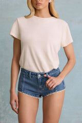 Lanori-Low-Rise Hot Pant Shorts in Mid-Blue