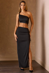 Ishaana-Ruched Asymmetric-Waist Maxi Skirt in Black