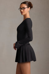 Fiorella-Long-Sleeve Pleated Mini Dress in Black
