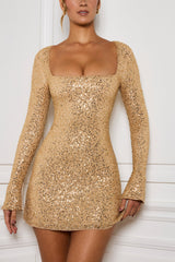Kiyara-Embellished A-Line Mini Dress in Gold